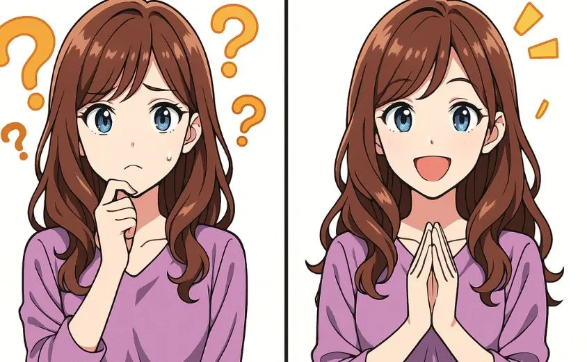 ヒロインコールのよくある質問に悩む20代女性と、答えを知って安心した表情のビフォーアフターイラスト。キャストが不安から納得へと変化する様子を表現。
