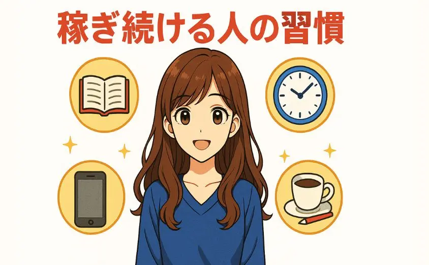 ヒロインコールで稼ぎ続ける女性の習慣を描いたイラスト