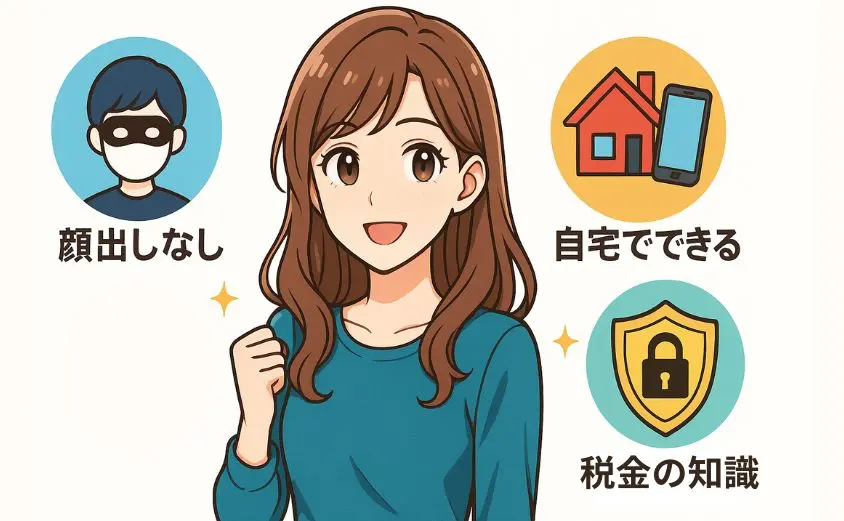 ヒロインコールを安全に続けるための注意点を伝えるイラスト。女性が笑顔でガッツポーズをしながら、顔出しなし・自宅でできる・税金の知識といった安心ポイントを示す3つのアイコンが描かれている。