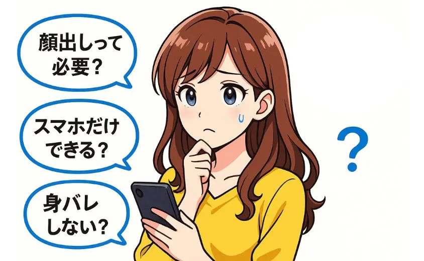ヒロインコールを始める前のよくある質問を表現したイラスト。女性がスマホを見ながら不安そうな表情を浮かべ、『顔出しって必要？』『スマホだけでできる？』『身バレしない？』といった吹き出しの疑問が描かれている。