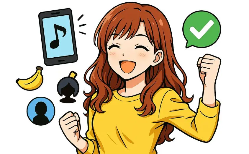 音声配信アプリOTOBANANAの魅力を伝える20代女性のイラスト。スマホとバナナ、顔出し不要のアイコン付き