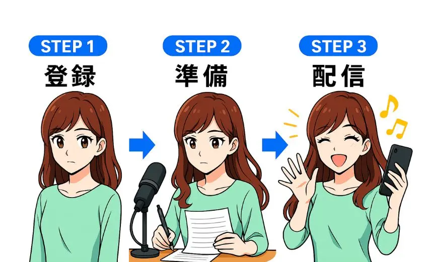 OTOBANANAの登録から初配信までの流れを解説したラノベ風イラスト。20代女性が登録・準備・配信の3ステップで音声ライブ配信を始める様子