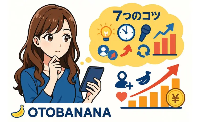 OTOBANANAで収益アップを目指す7つのコツを考える女性配信者のイラスト。スマホを持つ20代女性と成長グラフ、戦略アイコン入りの構図