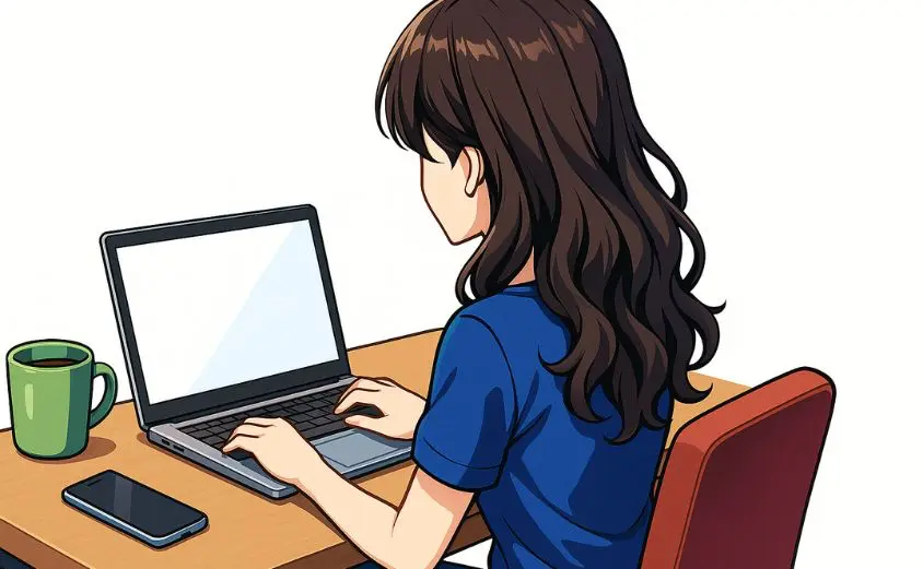 自宅でリモートワークをする女性の後ろ姿。顔出しなしでノートパソコンを使いながら副業に取り組む様子。リモ活・在宅ワークのイメージイラスト