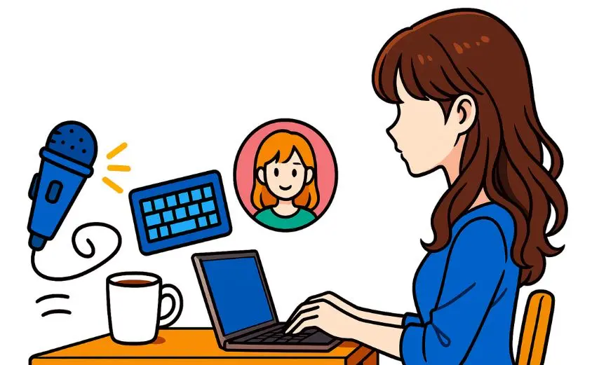 顔出しなしでできるリモート副業を象徴するイラスト。ノートパソコンを操作する女性の横顔と、マイク・キーボード・アバターのアイコンが並ぶ構成。自宅でできる声・文字・アバターを使った人気リモ活のイメージ