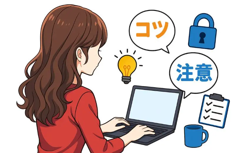 パソコン作業中の女性の後ろ姿と、コツや注意点を表す吹き出しアイコン(電球・鍵・チェックリスト)が並ぶイラスト。顔出しなし・在宅でできる安全なリモート副業のイメージ