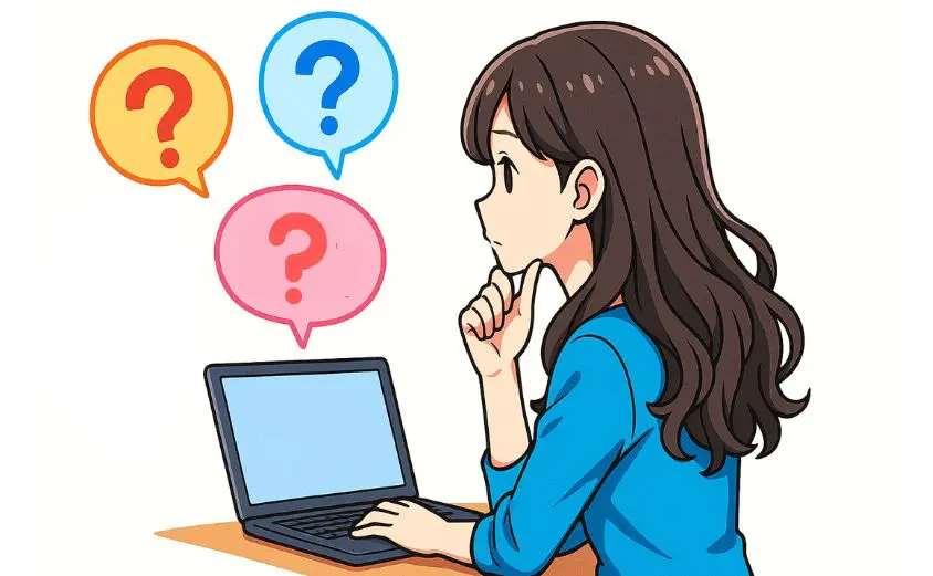 顔出しなしの副業に悩む女性がパソコンの前で考えているイラスト。リモートワーク初心者の不安を表現