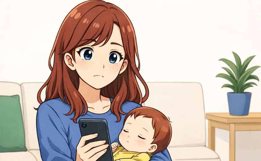 赤ちゃんを抱っこしながらスマホを操作する主婦のイラスト。自宅リビングで顔出し不要・在宅ワークを検討している様子。Franc（フラン）など子育て中でもできる副業に関心がある女性を表現