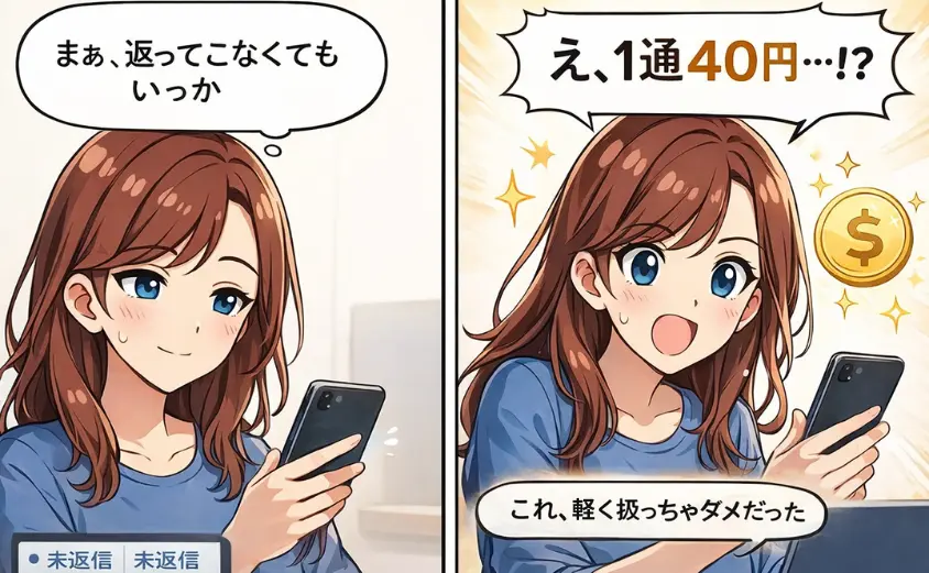 クレアのメール単価が1通40円と高いことに気づき、返信1通の大切さを実感する初心者メルレの2コマ漫画