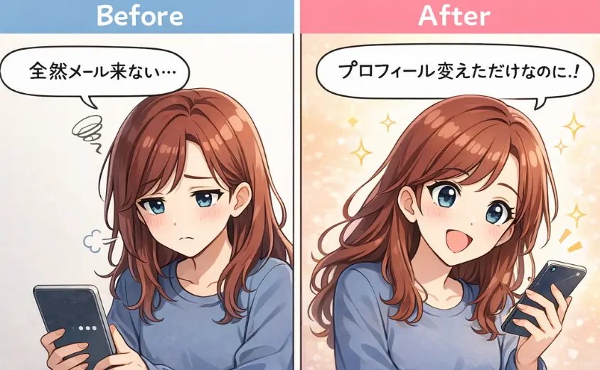 プロフィール変更前後を比較した2コマ漫画。クレアでメールが来ない状態と、プロフィール改善後に新着メールが届く様子