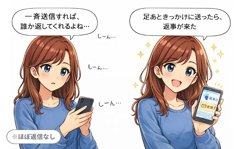 クレアのメルレで一斉送信メールは返信が来ず、足あとをきっかけに送ったメールで返信が増えた様子を表した2コマ漫画