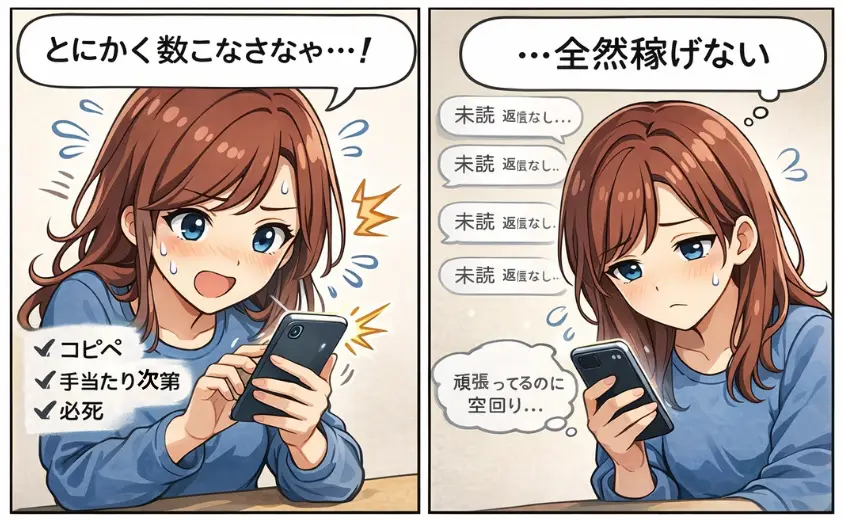 クレアでメルレを始めた初心者が、数をこなそうと必死にメールを送るも未読ばかりで稼げず落ち込む失敗談を描いた2コマ漫画