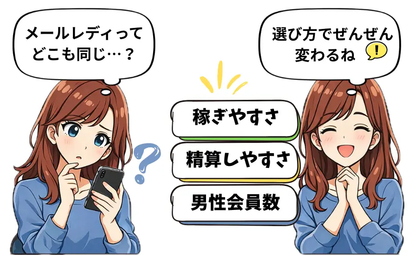 メールレディはどこも同じ？稼ぎやすさ・精算しやすさ・男性会員数で選び方が変わる2コマ漫画