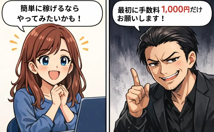 メールレディ詐欺の典型例、手数料1,000円の先払いを要求する怪しい業者と主婦の2コマ漫画