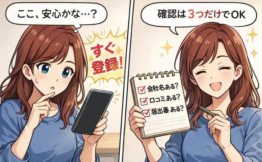 メールレディの安全なサイトと詐欺サイトの見分け方を解説する2コマ漫画。スマホを見て「安心かな…?」と悩む女性に対し、チェックリスト(会社名・口コミ・届出番号)で確認する重要性を伝えています。