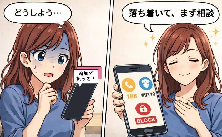 メールレディの詐欺被害に遭った時の対処法|188と#9110へ相談しブロックするイラスト