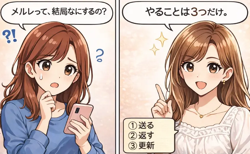 メルレ（メールレディ）の仕事内容を2コマ漫画で解説｜送る・返す・更新の3ステップ