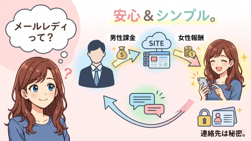 メールレディの仕組みを分かりやすく解説したイラスト。男性会員の課金が女性の報酬になるシンプルな流れ。本名や連絡先は相手に伝わらない安心安全なシステム。