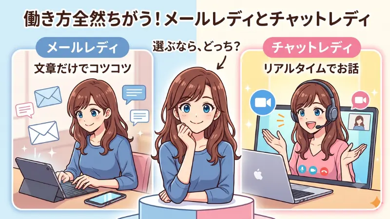 メールレディとチャットレディの違いを比較した解説イラスト。「文章だけでコツコツ」働くメールレディと、「リアルタイムでお話」するチャットレディの働き方の違いを図解する女性キャラクター。