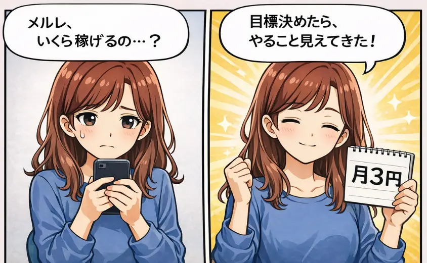 メルレ（メールレディ）の収入目安を2コマ漫画で解説｜主婦がスマホで不安→月3万円の目標設定でやることが見える