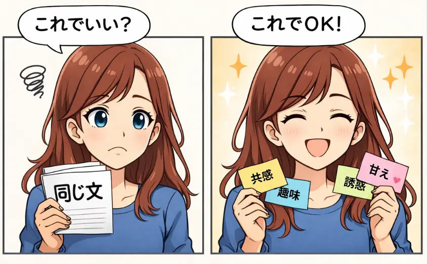 メルレ アタックメール 例文｜同じ文を送る不安→共感・趣味・甘えで使い分ける2コマ漫画