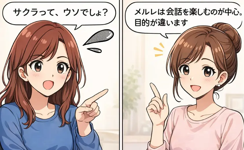 メールレディはサクラではない|会うふりのウソではなく会話を楽しむ仕組みを2コマ漫画で解説